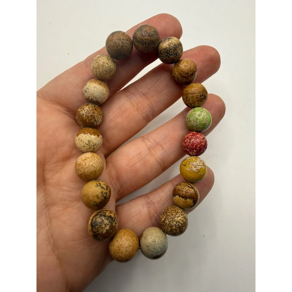 Natural Jasper Stone Bead Stretch Bracelet Earthy Brown‎ Tan Multi-Color Boho
